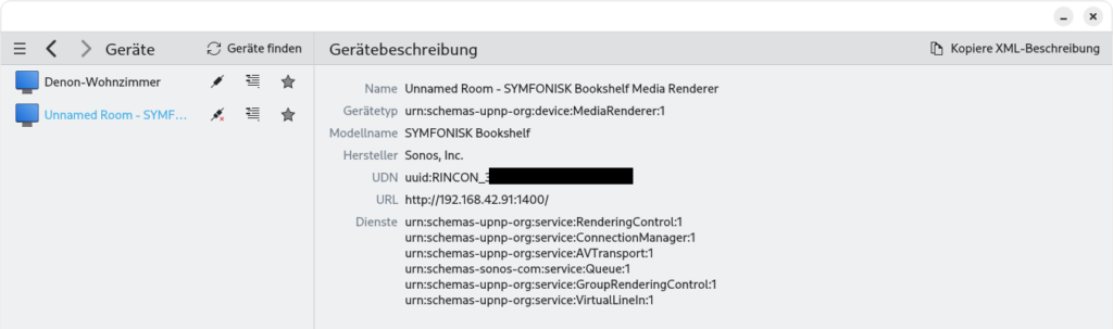 Screenshot of the Jupii window. It lists two devices in a panel on the left side. The Unnamed Room (the speaker in question) is selected. To the right are a couple of properties like its IP address and a couple of upnp properties.