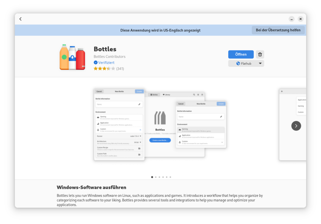 Screenshot of Gnome Software, opened to the Bottles App. It shows as installed from Flathub.