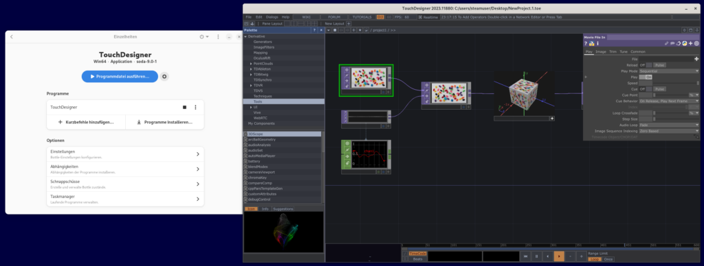 Screenshot of a Linux Desktop with two windows side by side. The left window shows bottles. The right window shows TouchDesigner with the default example.