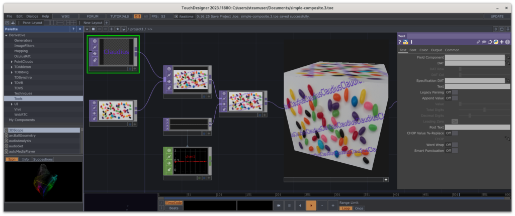 Screenshot of TouchDesigner with a slightly modified default example